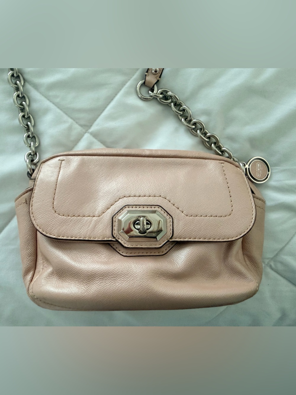 Coach Blush Pink Pebble Leather Crossbody with Silver Chain